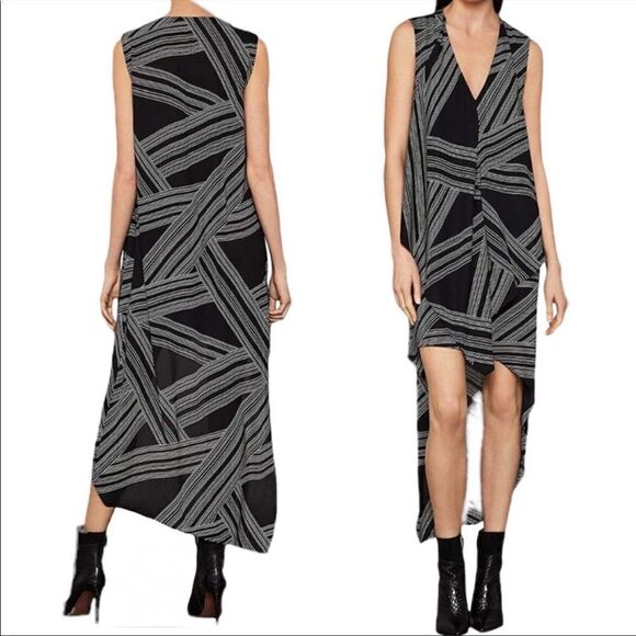 BCBGMAXAZRIA Sleeveless Cascade-Ruffle High-Low Dress Black White Optic XS - Picture 6 of 8